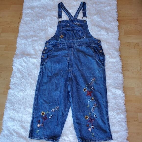 AGAPO Floral Embroidered 90s Cropped Vintage Denim Overalls Sz L Garden Blue - Picture 2 of 9